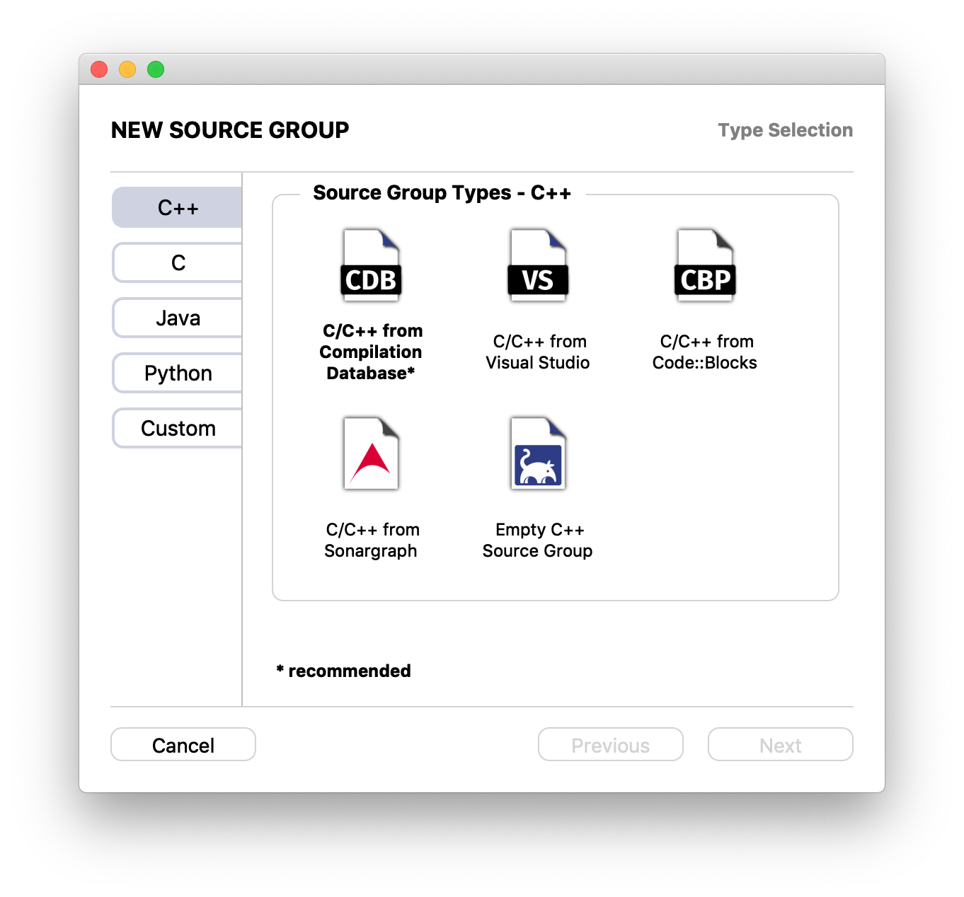 Project Setup Wizard Source Group Type